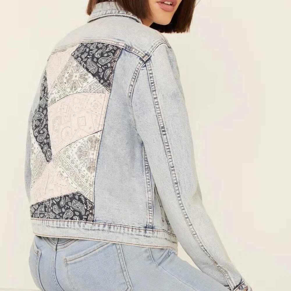 Free People X Driftwood NWT Patchwork Blue & Pink Denim Jean Jacket Size Large - Picture 2 of 11